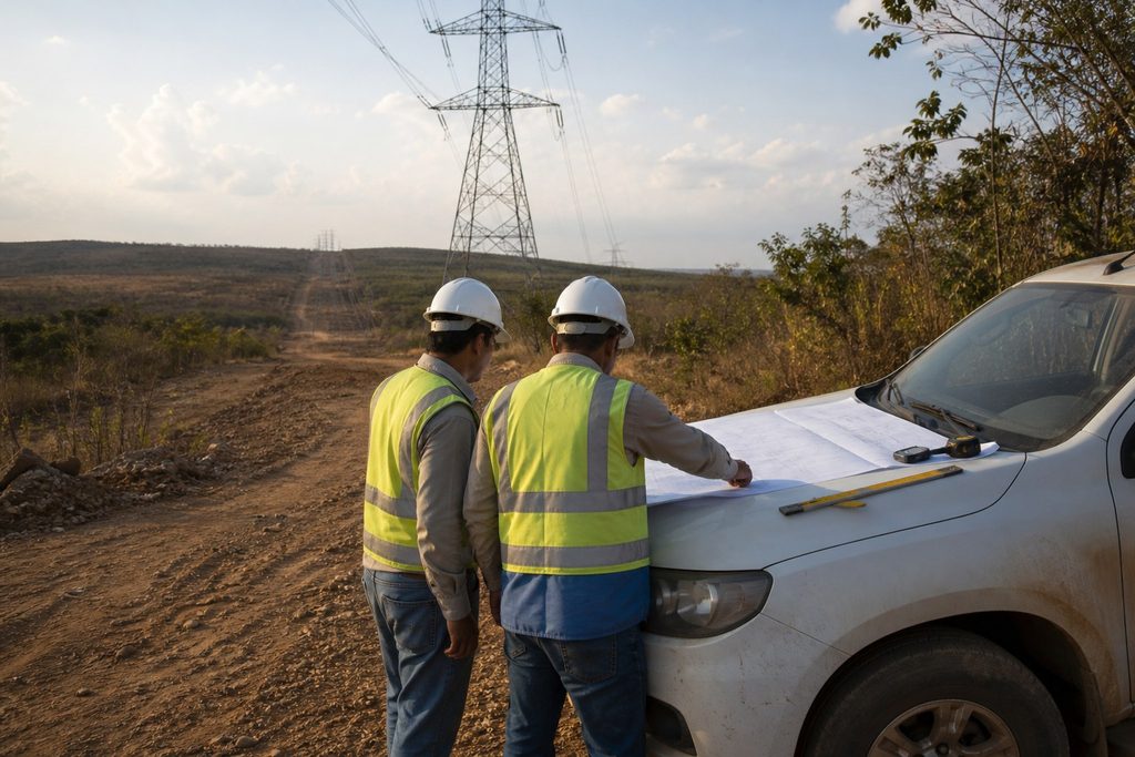 Profissionais de engenharia analisando um projeto em campo